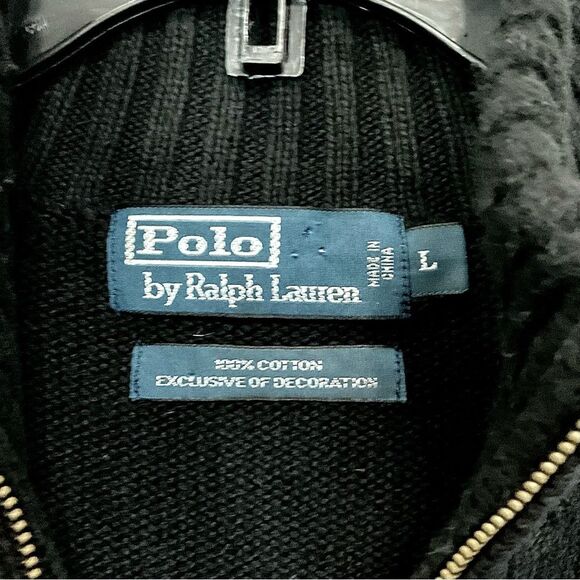Polo Ralph Lauren Black Cardigan Sweater Sz L Full Double Zip Cotton Mock Neck - Picture 2 of 5